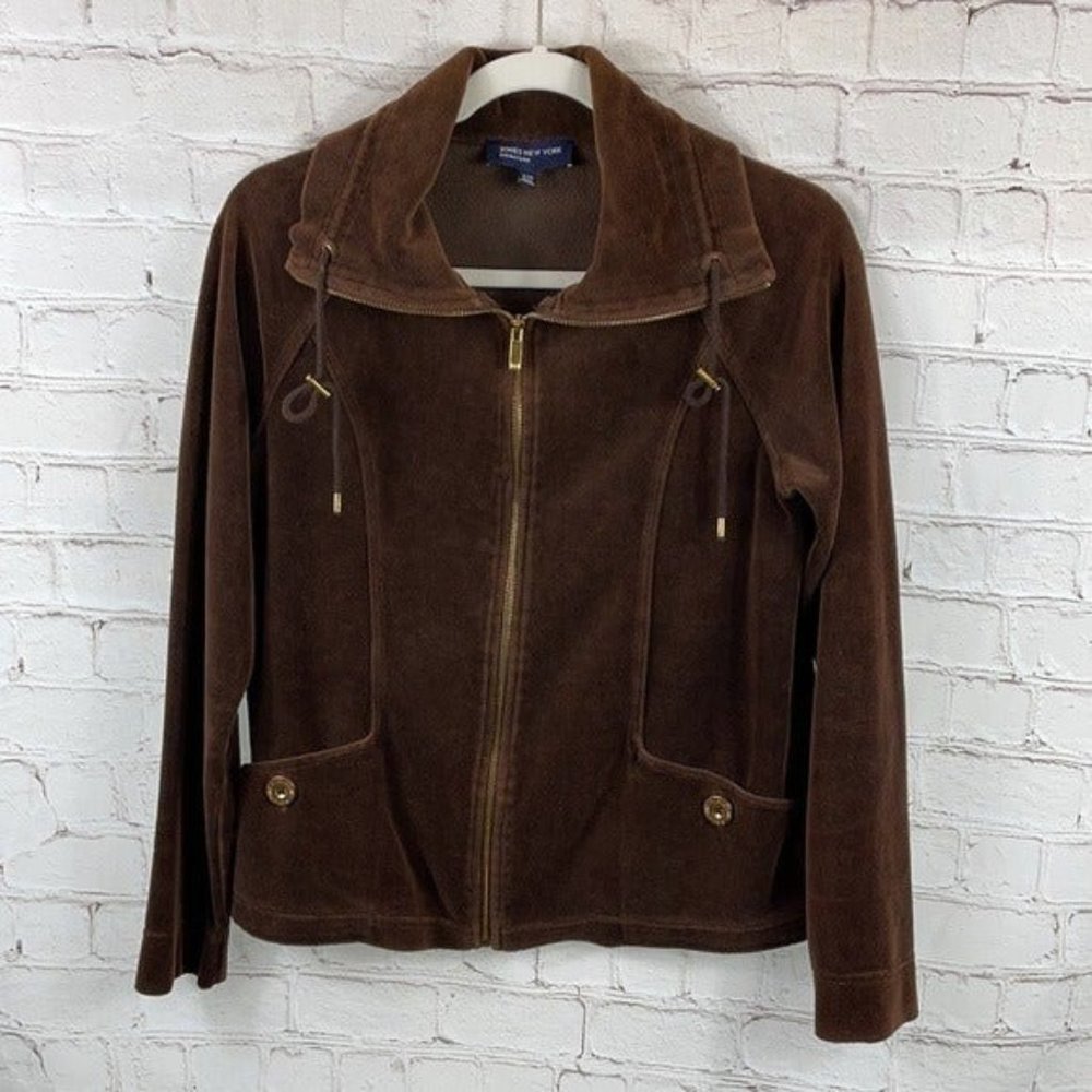 Jones New York Y2K Brown Moto Sweatshirt Jacket Full Zip Size Small